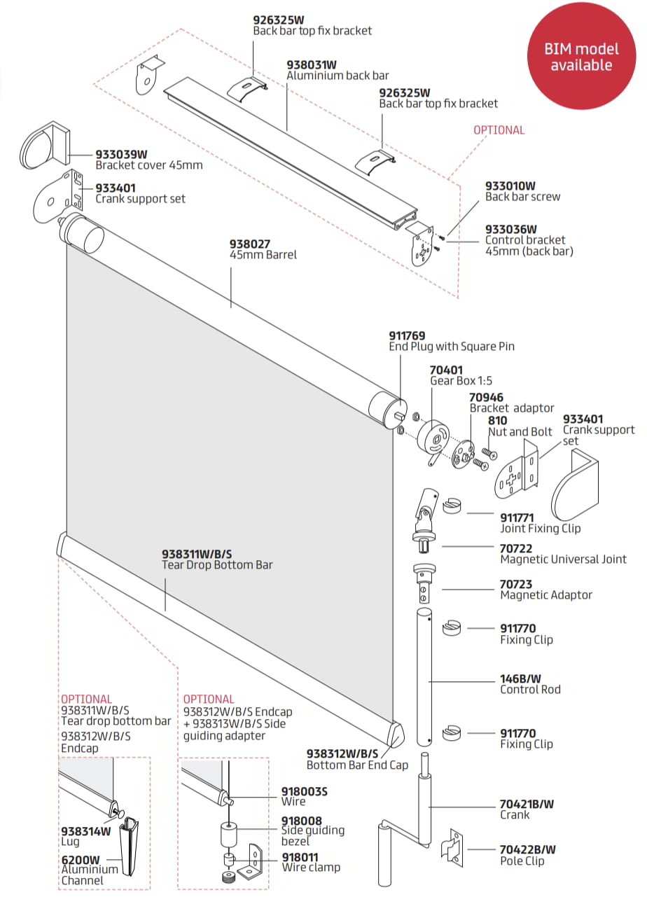 Crank roller blind mechanism and specification illustration