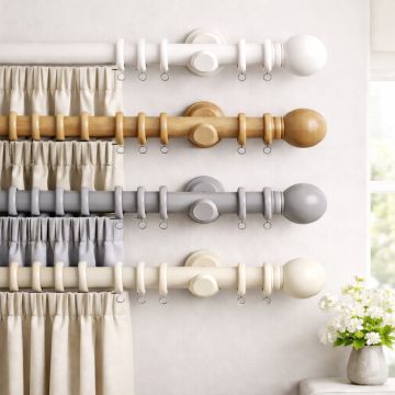 28mm Wooden Curtain Pole Set – White, Oak, Grey or Cream