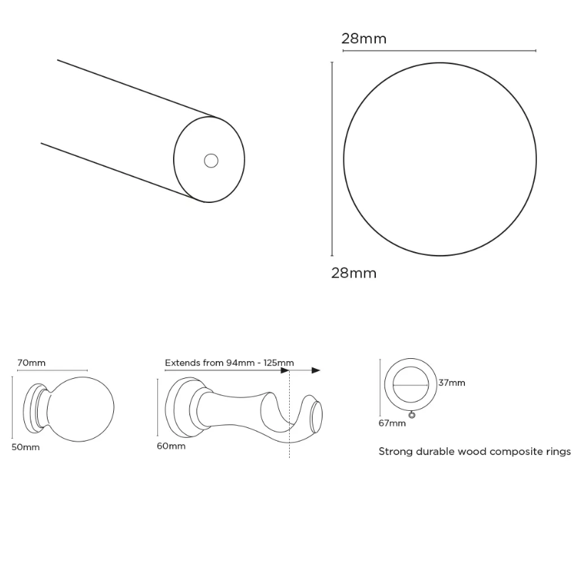 28mm Wooden Curtain Pole Dimensions Diagram