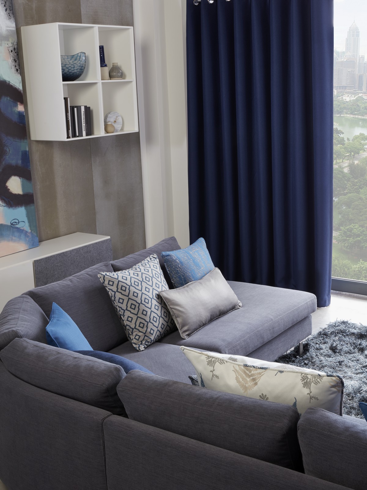 Acoustic Herringbone curtain example in Midnight colour
