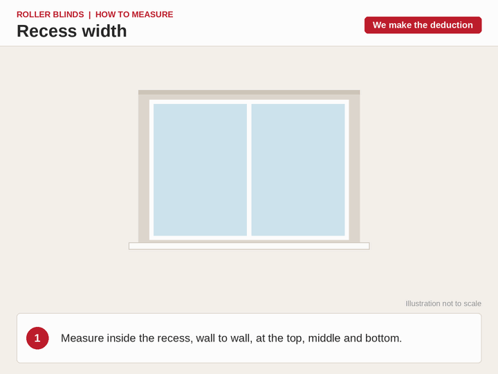 Animation: measuring a window recess at the top, middle and bottom, using the narrowest figure, and the finished blind fitting inside the recess with a small clearance gap each side