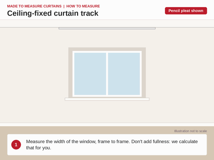 Animation: measuring the window width, adding stack-back to a ceiling-fixed track, then measuring the drop from the ceiling to the floor less 1cm