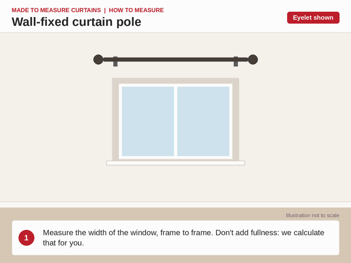 Animation: measuring the window width, adding 15% stack-back for eyelet curtains on a pole, then measuring the drop from the top of the pole to the floor less 1cm